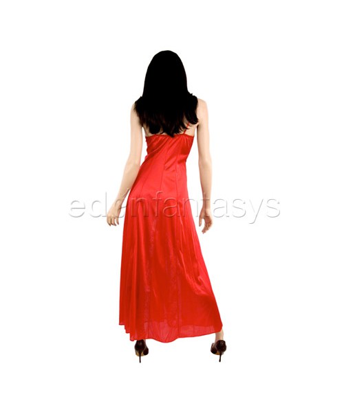 Red satin and lace gown