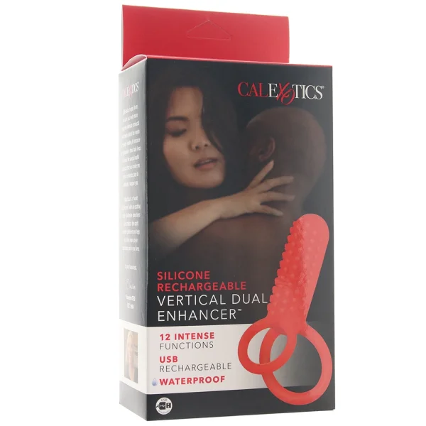 Silicone Rechargeable Vertical Dual Enhancer Vibrating Cock Ring By CalExotics - Red