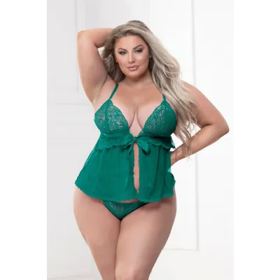 Lace and Mesh Babydoll and Panty Queen Green