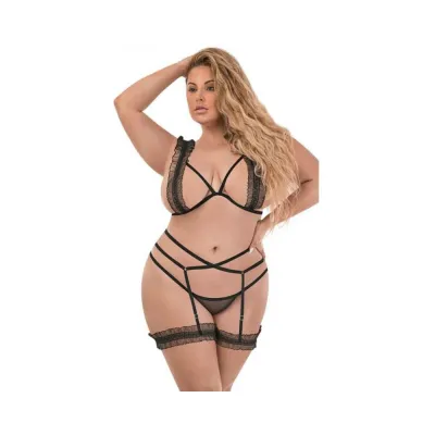 Magic Silk Ruffled Bra Stirrup Garter Split crotch Panty Set Black Queen