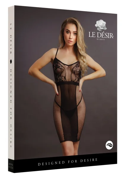 Le Désir Black Knee-Length Lace and Fishnet Dress
