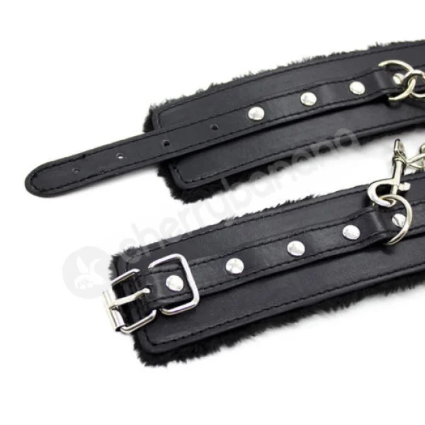 Cherry Banana Dare Black Faux Leather Fluffy Wrist Cuffs
