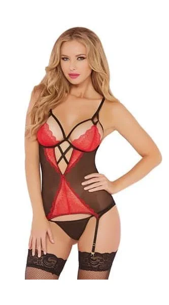 Lace Cami and Thong Set With Garters - One Size - Red