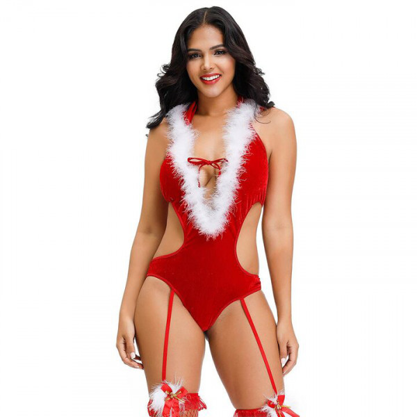 Bondara Flirt Miss Christmas Hooded Plunge Garter Teddy-