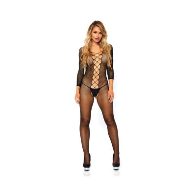Seamless Net Faux Lace Up Long Sleeved Bodystocking O s Black