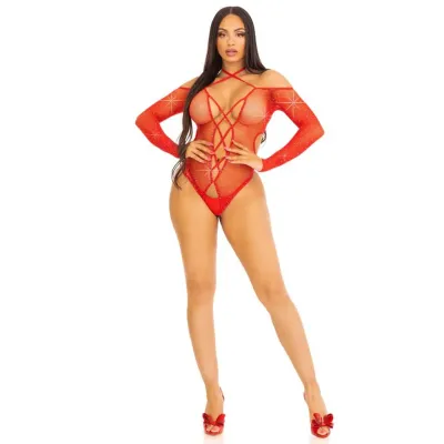 Say My Name Rhinestone Crotchless Teddy One Size Red