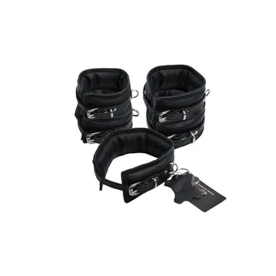 Bound X Padded Cuffs And Collar Set With Thin Strap Black