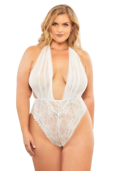 Mesh Plunge Halter Teddy - Queen Size - White