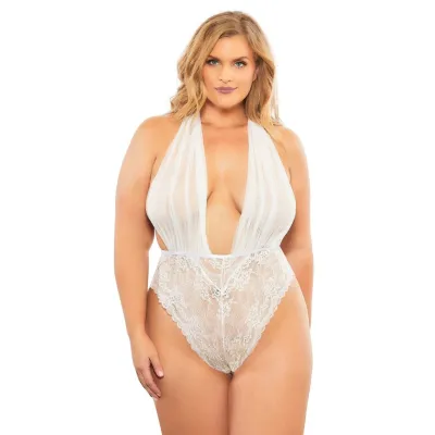 Mesh Plunge Halter Teddy Queen Size White