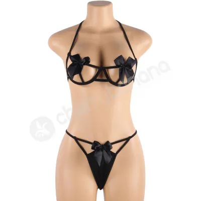 Cherry Banana Black Sexy Bow Underwire Bra Panty Lingerie Set