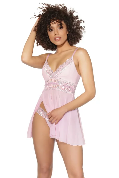 Pink Rhinestone Lace Babydoll & Matching Lace Thong — image 4 of 22