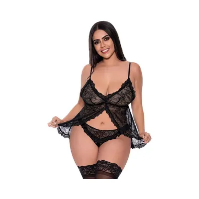 Magic Silk Ooh La Lace Babydoll Split crotch Panty Set Black Queen