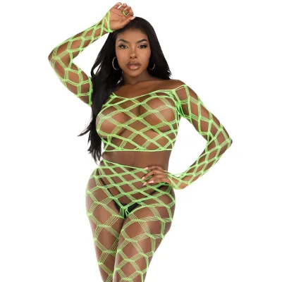 2 Pc Net Crop Top and Footless Tights One Size Neon Green