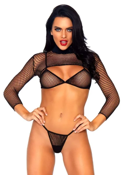 3 Pc. Industrial Net Bikini Top Thong and Long Sleeved Crop Top - One Size - Black