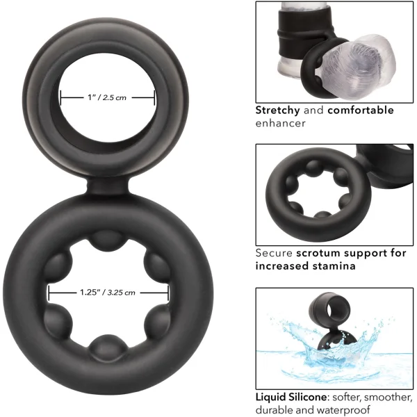 Alpha Liquid Silicone Dual Support Magnum Cock & Balls Ring By CalExotics - Black