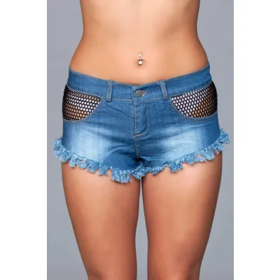 Denim Shorts With Fishnet Top Trimming and Fringe Bottom Details Small