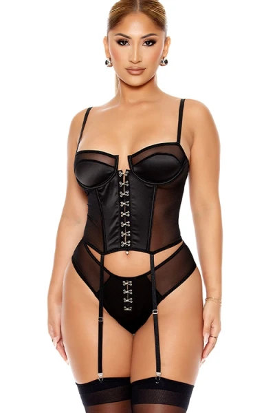 Hooked On You 2 Piece Black Bustier Set with Garters & Panty By Forplay