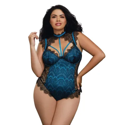Eyelash Lace Collared Teddy 2x Black Teal
