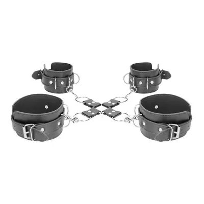 Ouch Black White Leather Hogtie Wrist Ankle Cuffs