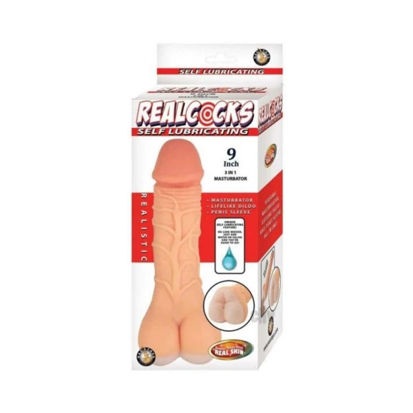 Realistic Dildos: Realcocks Self Lubricating 9 In. 3-in-1 Masturbator Beige
