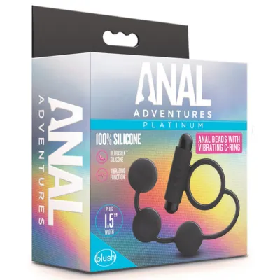 Anal Adventures Platinum Anal Beads Vibrating C Ring Black Vibrating Cock Ring with Anal Beads