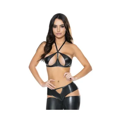 Magic Silk Liquid Onyx Halter Bra Cutout Pants Black L xl