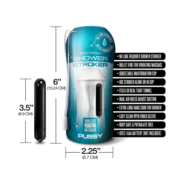 Happy Ending Self-lubricating, Vibrating Shower Stroker - Pussy