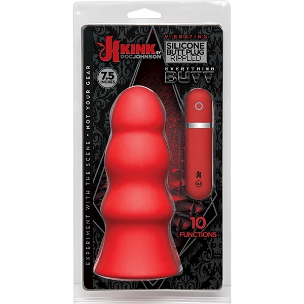 Kink Vibrating Silicone Butt Plug Rippled 7.5 inch - Red