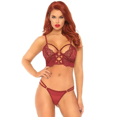 2 Pc Lace Bralette With Cage Strap O Ring Bodice Detail and Matching G String Burgandy Small Medium