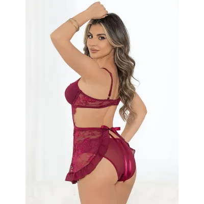 Escante Wine Lace Underwired Babydoll Set
