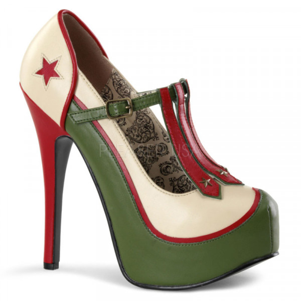 TEEZE-43 - 5 3/4" Heel, 1 3/4" Hidden PF Military Themed T-Strap Pump