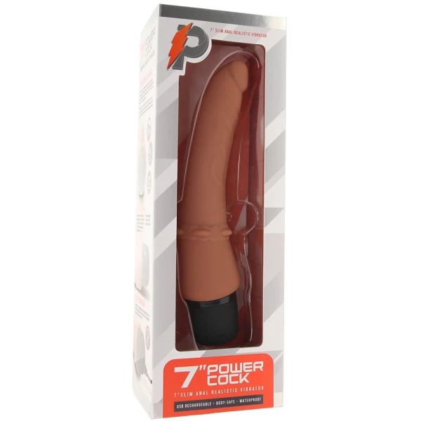 Powercocks Slim Anal Realistic Silicone Waterproof Rechargeable 7" Vibrator - Caramel