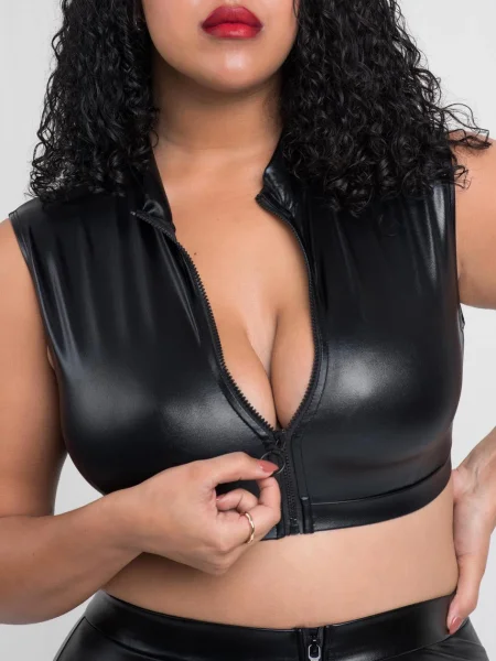 Lovehoney Plus Size Fierce Black Wet Look Zipper Crop Top