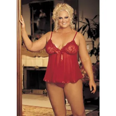 Sequin Embroidery and Sheer Net Babydoll Queen Size Red