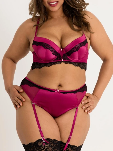 Lovehoney Plus Size Satin Romance Purple High-Waisted Crotchless Suspender Thong