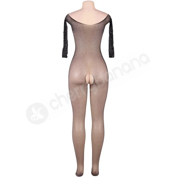 Cherry Banana Black Sparkly Diamond Fishnet Long Sleeve Crotchless Bodystocking