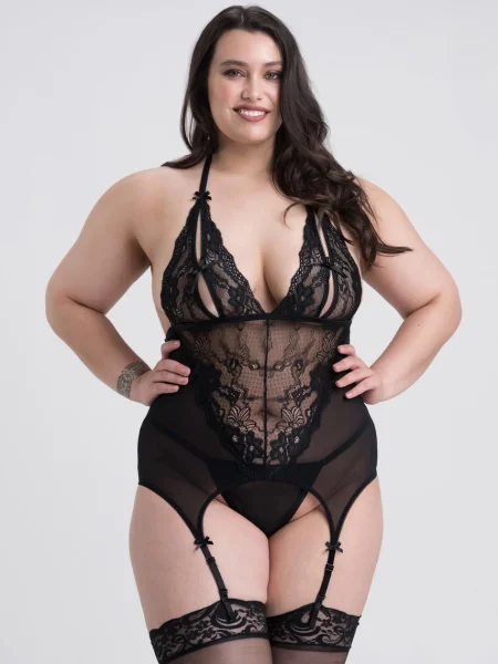 Lovehoney Plus Size Black Peek-A-Boo Merry Widow Bustier Set 