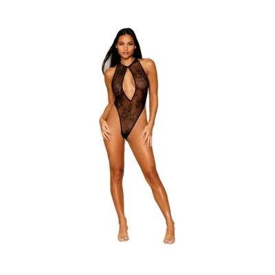 Women s Lingerie Dreamgirl Stretch Lace Halter Teddy With Keyhole Neckline And Open Rhinestone Fringe Back Black S