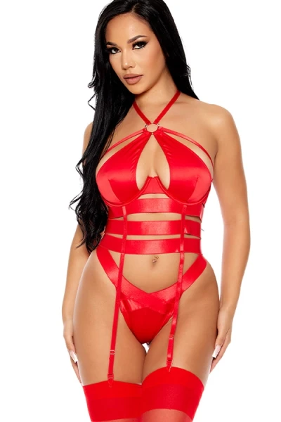 Soft Life 2 Piece Red Ribbon Bustier Set with Panty & Attached Garters By Forplay