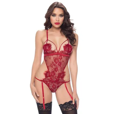 Bondara Flirt Red Lace Open Back Garter Teddy