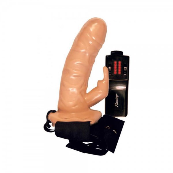 Strap-On Power Cock With Vibrating Rabbit 6 Inches Beige