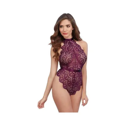 Dreamgirl Eyelash Lace Teddy With Halter Neckline And Low Open Back With Adjustable Tie back Ribbon