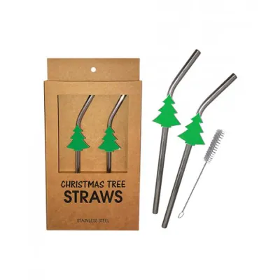 Holiday Tree Reusable Stainless Steel dishwasher Safe Straws Pack Of 2