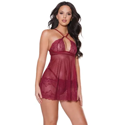 Merlot Lace Roses Babydoll Thong