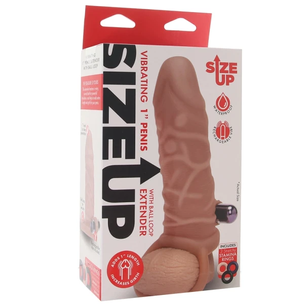 Size Up Silicone Vibrating 1 Inch Realistic Penis Extender With Ball Loop - Caramel