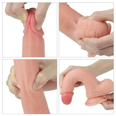Nature Cock 8 Inch Dual Layered Straight Platinum Silicone Dildo with Balls
