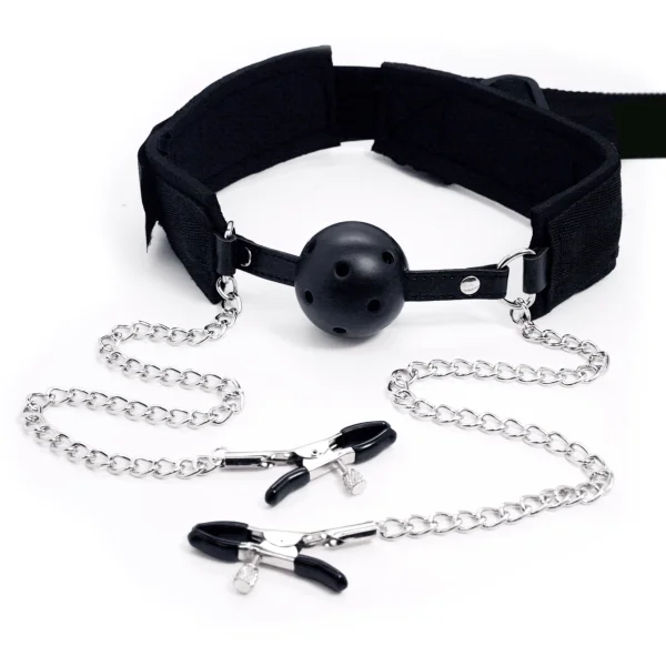Ball Gag, Nipple Clamp, and Bondage Restraint System