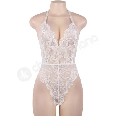 Cherry Banana White Floral Lace Bodysuit With Adjustable Neck Back Straps