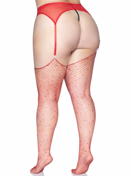 Rhinestone Fishnet Stockings - 1x-2x - Red