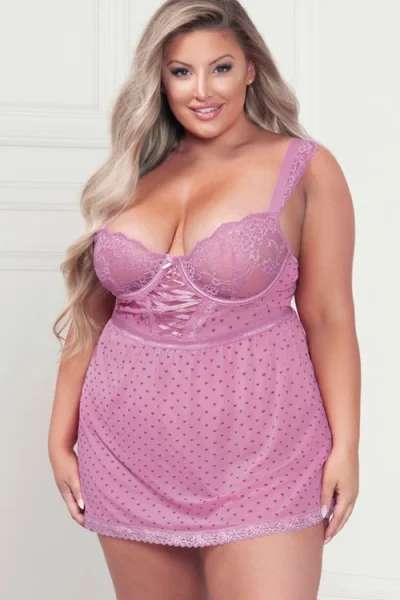 Seven Til Midnight Heart You Pink Lace & Heart Mesh Babydoll with Thong